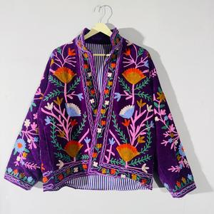 Hand Embroidered Suzani Velvet <b>Jacket</b> 100% Cotton Reversible Eco-Friendly Breathable Quick-Dry Summer/Winter V-Neck <b>Short</b> Floral - Product Image 4