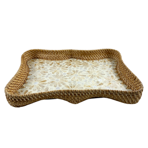 Plateau en rotin ondulé fait à la main, élégant, vintage, rustique, de haute qualité, avec incrustation florale en capiz, plateau de service décoratif en MDF, motif géométrique - Product Image 2