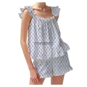 Co- Ords Shorts Pajama Set Printed 2026 New Latest Collection Of Spring/Summer Floral Fitted Strappy Ruffle <b>Trim</b> Sleeves PJ Set - Product Image 6