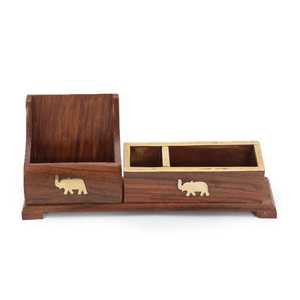 Curio Craft Wooden Handmade <b>Desk</b> <b>Organizer</b> Rectangle Shape Single Tier Multi-Purpose Storage Tray Elephant Design Office Use - Product Image 4