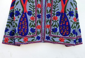 Breathable 100% Velvet Suzani Embroidered Floral Printed Jacket <b>Covered</b> <b>Button</b> Closure Full Sleeve for Women's Spring Autumn - Product Image 3