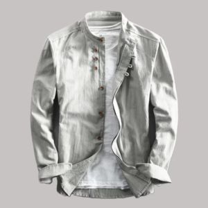 Chemise décontractée pour hommes en lin et coton, col montant, légère, respirante, à boutons - Product Image 1