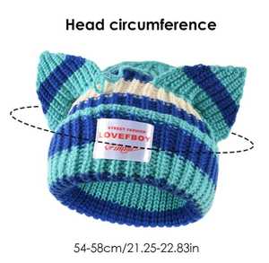 Knitted Beanie <b>Hat</b> <b>Cat</b> Ears Color Blocking Stripes Unisex Adult Winter Adjustable Breathable Waterproof Handmade Cute Street - Product Image 2
