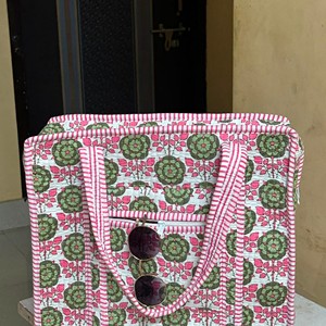 Bolsa de Mano Acolchada de Algodón Orgánico Ecológico, Bolsa de Lona con Estampado Floral Rosa y Verde, Estilo Bohemio con Cierre de Cremallera, Bolsa de Compras para Mujer - Product Image 4