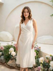 เดรสผ้าลินินแท้ 100% เป็นมิตรกับสิ่งแวดล้อม ซักได้ ทรงมินิ ผ้าไม่ทอ มีรอยผ่า สไตล์หวาน - Product Image 4