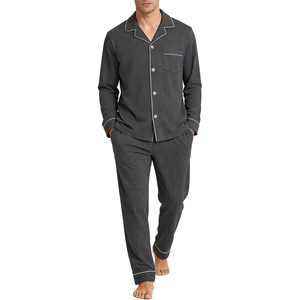 <b>Men</b> Long Sleeve <b>Pajama</b> <b>Set</b> Solid Color Knitted Cotton Sleepwear With Pockets Autumn Casual Wear - Product Image 1