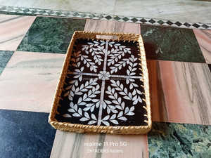 Premium Quality Round Rattan Tray with Mother of Pearl Inlay Artistic Design Perfect for Serving and Gifting from India - Product Image 3