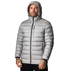 Blouson matelassé gris à capuche pour homme, fermeture éclair, coupe-vent, manteau d'hiver décontracté, coupe régulière, manches longues, rembourrage en duvet, extérieur en polyester 2026 - Product Image 1