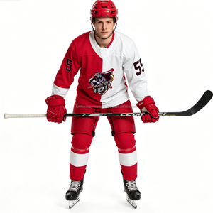 Jersey de Hockey sobre Hielo Personalizado, Blanco y Rojo, Malla, Cuello en V, Manga Larga, Sublimado, Uniforme con Número de Equipo para Hombre - Product Image 2