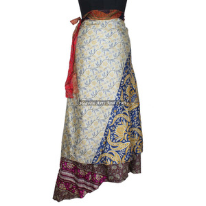 Recycled Silk Saris <b>Sarongs</b> Skirts Flex-<b>Wraps</b> Skirts Online Women Wear Vintage Silk Sari Long Length <b>Wrap</b> Around Skirt 2 Layer - Product Image 4