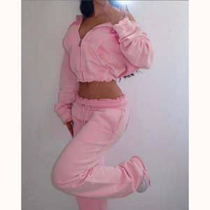 Women Pink Hooded Tracksuit <b>Set</b> Full Length Sweatshirt Matching <b>Jogger</b> Pants Casual Loose Fit Solid Color Zipper Fly - Product Image 3