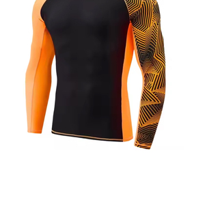 Men's Full Sleeve Rash Guard Black <b>Orange</b> Geometric Print Quick Dry Spandex Polyester Workout Shirt Long Sleeve - Product Image 4