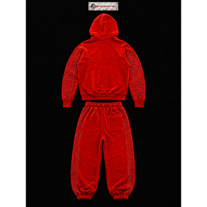 Conjunto de chándal de terciopelo rojo de lujo para mujer, con sudadera con cremallera y pedrería, pantalones de pierna ancha, conjunto de dos piezas, ropa deportiva de terciopelo personalizada a la moda. - Product Image 6