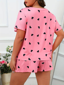 Conjunto de Pijama Personalizado para Mujer, Estampado de Corazones Rosados, Manga Corta, Ropa de Dormir Informal de 2 Piezas, Tejido de Algodón, Ropa de Estar por Casa para Verano - Product Image 2
