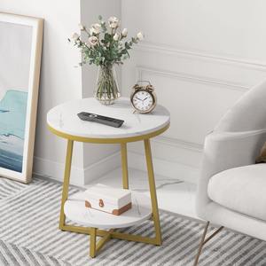 Mesa Auxiliar Redonda de 2 Niveles con Patas de Metal de Diseño Personalizado, Precio de Fábrica al por Mayor, Super Calidad, con Acabado de Mármol y Tapa de Madera - Product Image 4