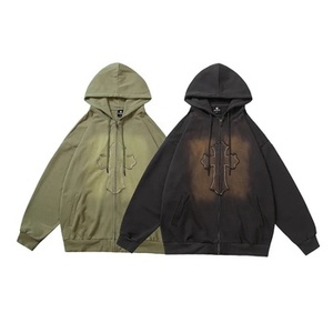 Vente en gros : Sweat à capuche épais pour homme, sans cordon de serrage, entièrement zippé, avec patchwork, broderie et blocs de couleurs, modèle essentiel personnalisable - Product Image 1