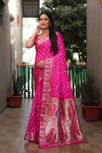 Sari ethnique en soie d'organza doux Regal, avec bordure Butta Zari tissée de manière complexe, vêtement régional de créateur, tenue de fête pour femmes -DC - Product Image 2