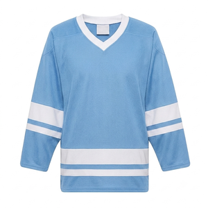 Maillot de hockey sur glace bleu pastel respirant en tissu mesh pour homme avec bande blanche et taille élastique – Uniforme d'équipe - Product Image 1