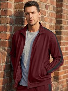 Conjunto Deportivo para Hombre Color Granate, Sudadera Casual con Cierre Frontal y Cuello Alto, Pantalones con Cordón, Ropa de Otoño - Product Image 3