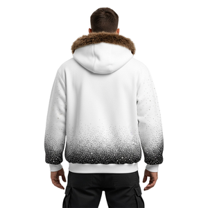 Sweat à capuche zippé pour homme, blanc, personnalisé avec strass, capuche en fourrure, polaire d'hiver, streetwear, avec motif moucheté dégradé - Product Image 5