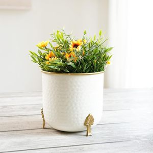 Metal Hammered White Planter with Golden Luxury Inside Design for Home <b>Table</b> Decor Valentine's Day Flower <b>Pot</b> Low - Product Image 4