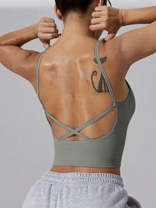 High <b>Stretch</b> Seamless Knit White Athletic <b>Bra</b> | Deep V Neck Strappy Yoga Top | Compression Molded Non Fade Sportwear Cami - Product Image 4