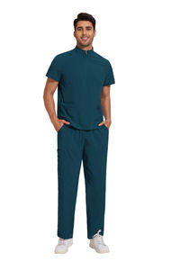 2026 Men Solid Color Eco-Friendly Summer Zipper Top Straight Pant Knitted Polyester Spandex Hospital Medical <b>Scrub</b> <b>Set</b> - Product Image 2