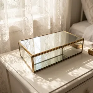 ARTISAN DESIGN Rectangular <b>Glass</b> <b>Jewelry</b> <b>Box</b> with Brass Frame Mirror Surface Storage Organizer Decorative Display Case - Product Image 4