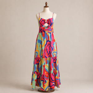 Women's Yellow Smocked Midi Dress | Ruffle Strap Tie Front Sleeveless A Line Summer Party Casual Beach Women's Vibrant Abstract - Product Image 1