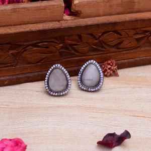 Beautiful Oval Shape Designer Earrings Grey Stud Gemstone Work Earrings for Women and Girl and for Wedding Party MehndiWear - Product Image 1