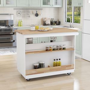 Carrello da Cucina a Due Lati con Ruote, Piano in Legno di Gomma e Portabottiglie e Portaspezie, Ampio Kit di Stoccaggio - Product Image 3