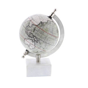 <b>White</b> Marble Base Tabletop Globe with Silver Metal Stand and Grey World Map Modern Office Decor - Product Image 3