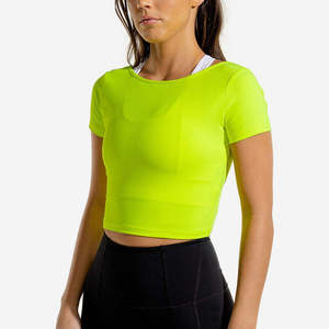 Women's <b>Neon</b> Green <b>Cropped</b> T-Shirt Short Sleeve O-Neck Solid Color Knitted Slim Fit Sporty Style Breathable - Product Image 4