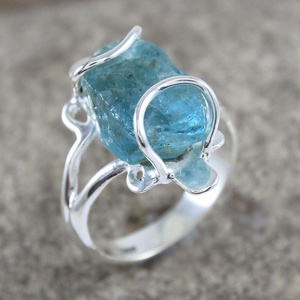 Natural Raw Aquamarine Birthstone Ring 925 <b>Sterling</b> <b>Silver</b> <b>Wire</b> Wrapped Rough Aquamarine Crystal Ring for Women - Product Image 1
