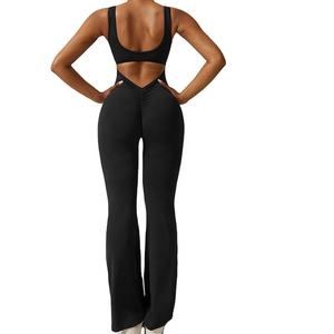 Mono deportivo cálido de manga larga para mujer, enterizo elástico de yoga de una pieza con pantalones acampanados, conjuntos informales - Product Image 1
