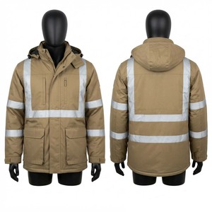 <b>Men</b> Work <b>Jacket</b> Premium Polyester Cotton Twill 280 GSM Khaki High Visibility Reflective Tape Hooded Custom Logo <b>Utility</b> <b>Jacket</b> - Product Image 1