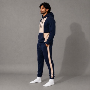 Ensemble de survêtement unisexe épais imprimé bleu foncé et beige, avec sweat à capuche color block et pantalon de jogging à rayures latérales pour - Product Image 2