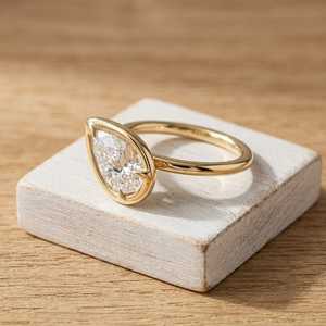 Pear Brilliant Cut Lab Grown Diamond Engagement Ring 10k 14k 18k Solid Gold Bezel Set Wedding Band for Women Anniversary Gift - Product Image 4