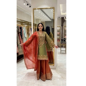 Womens Ethnic Wear Sharara Suit in Glass <b>Silk</b> <b>Fabric</b> with Stylish Kurta Flared Sharara Bottom for Special Occasions - Product Image 1