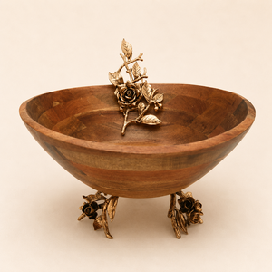 Grand bol décoratif en bois d'acacia artisanal de luxe avec accents en métal rose doré antique, idéal pour les mariages - Product Image 4