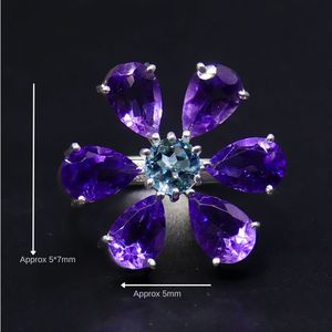 Anillo Clásico de Plata de Ley 925 con Topacio Azul y Amatista, Joyería Plateada para Mujer, para Bodas - Product Image 2