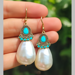 Pendientes Colgantes de Perlas y Turquesa en Forma de Gota de Agua, de Cobre y Aleación - 11058820GL - Product Image 3
