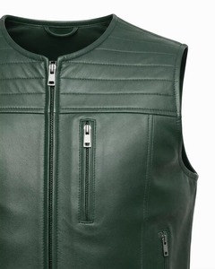 Gilet de motard en cuir véritable vert foncé pour homme, sans manches, col en V, bouton unique, imperméable, vêtement d'extérieur d'hiver avec poches utilitaires - Product Image 2
