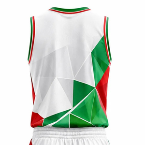 Ensemble d'uniformes de basketball personnalisés pour hommes, blanc, rouge, vert, col en V, sans manches, maillot et short, imprimé géométrique, vêtements d'équipe, vente en gros, vêtements de sport - Product Image 4
