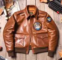 Blouson Bomber Homme Vintage en Cuir Véritable Coupe Slim Imperméable avec Patchs Dessin Animé Fermeture Éclair Col Montant Idéal Automne