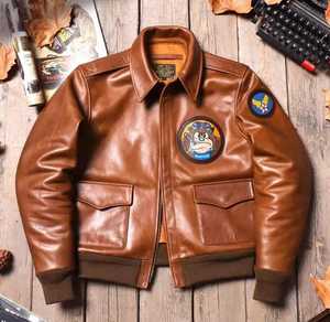 <b>Men's</b> Vintage Genuine <b>Leather</b> Slim Fit Waterproof Bomber <b>Jacket</b> Cartoon Patch Design Zipper Closure Stand Collar Autumn Wear - Product Image 2