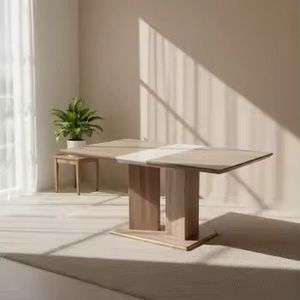 Mesa de Comedor Extensible de Madera Contemporánea con Base de Pedestal Moderna, Acabado en Roble Claro, Mueble Funcional Extensible para Cocina o Comedor - Product Image 6