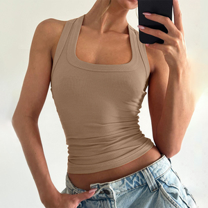 Custom Breathable Quick Dry Knitted Stretch Scoop Neck Sleeveless Rib Tank <b>Top</b> <b>Racer</b> <b>Back</b> Gym Fitness Ribbed Women's Polyester - Product Image 4