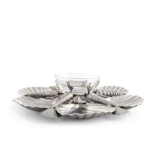 Silver <b>Round</b> Aluminium Tray with 2 Candle Holders Gold Leaf Design Modern Decorative Set for Christmas <b>Table</b> Styling - Product Image 3