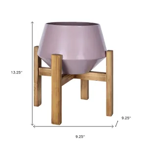 Modern Purple Metal <b>Vase</b> with Wooden Stand 9.25 Inch <b>Square</b> Tabletop Planter for Indoor Decor - Product Image 1